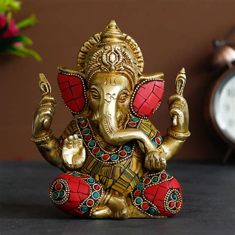 Brass Lord Ganesha with Stone Work Handcrafted Idol - eCraftIndia Online