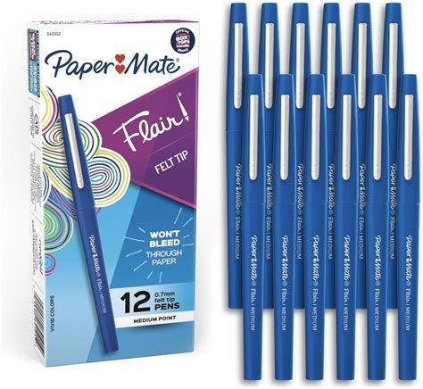 Paper Mate Flair Felt Tip Pens, Medium Point (0.7mm), Blue, 12 Count