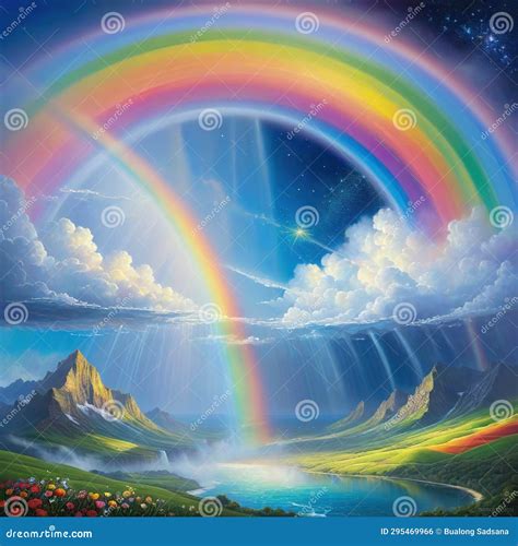 Painting of Rainbow with Clouds and Stars in the Sky and Rainbow in the Sky Stock Photo - Image ...