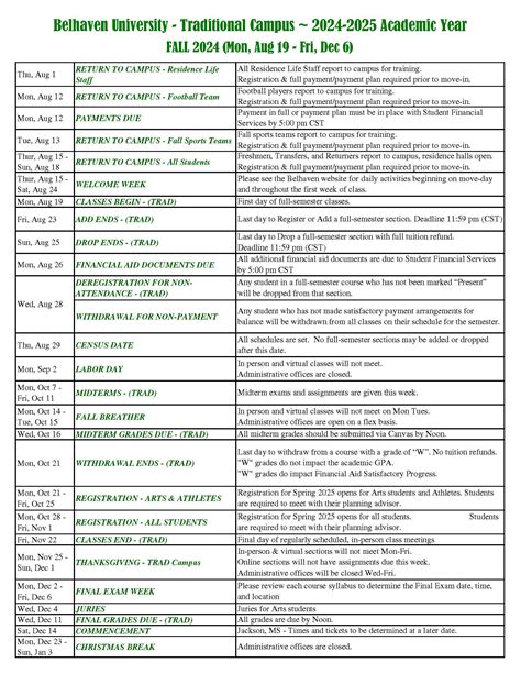 Academic Calendar 2024-2025 - Belhaven University