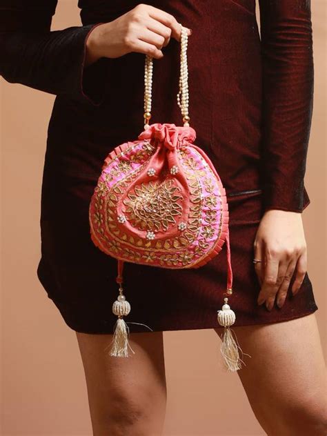 Priyaasi Peachy Pink Floral Embellished Party Potli Bag Potli Peach ...