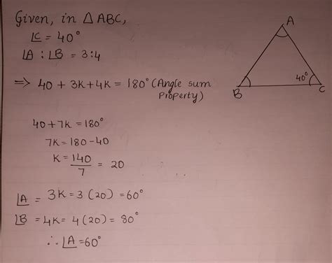 In angleABC, angleA: angleB = 3:4 and angleC = 40°. Calculate angleA ...