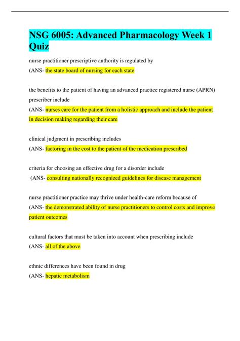 NSG6005 Week 1:NSG 6005 Week 2 Pharmacology Quiz:NSG 6005 Week 3 Quiz:NSG 6005: Advanced ...