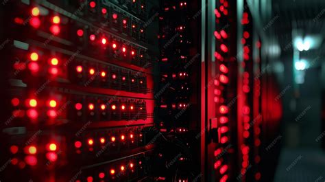 Darkened server racks with blinking red lights signaling a network ...