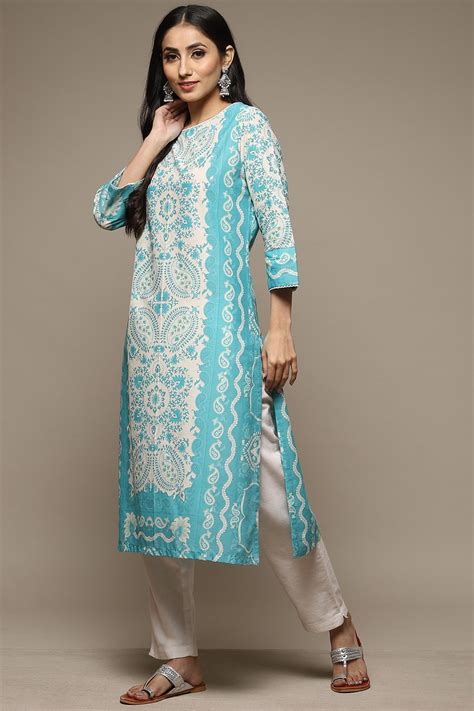 Blue Cotton Straight Printed Kurta