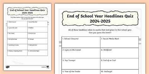 End of School Year Headlines Quiz 2024-2025 Activity Sheet