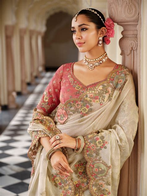 Sneha Off-White Rose Border Banarasi Silk Saree