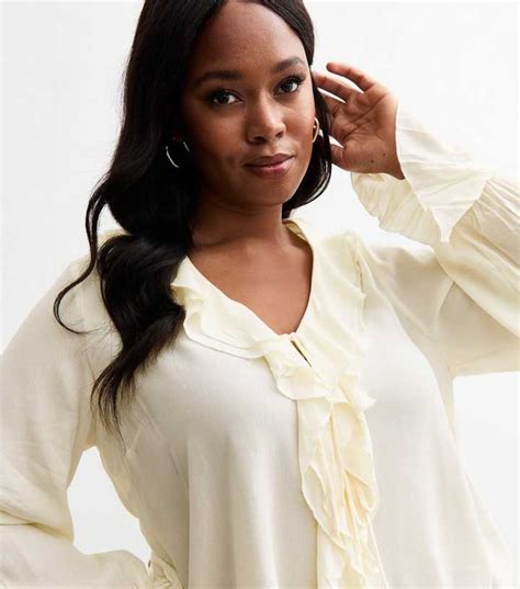 Curves Cream Crepe Ruffle Trim Blouse | New Look