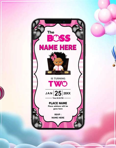 Boss Baby Girl Invitation | Elegant Pink & Black Birthday Party E-Invi ...