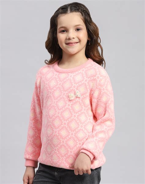 Buy Girls Pink Self Design Round Neck Full Sleeve Sweater Online in ...