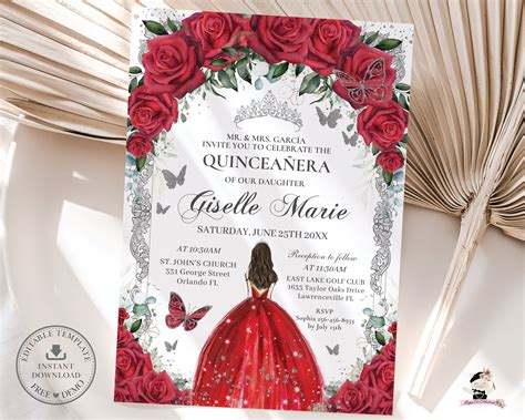Red Floral Silver Butterflies Princess Quinceañera Invitation EDITABLE ...
