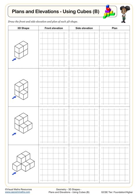 Plan and Elevations - Using Cubes (B) Worksheet | Printable PDF Year 10 ...