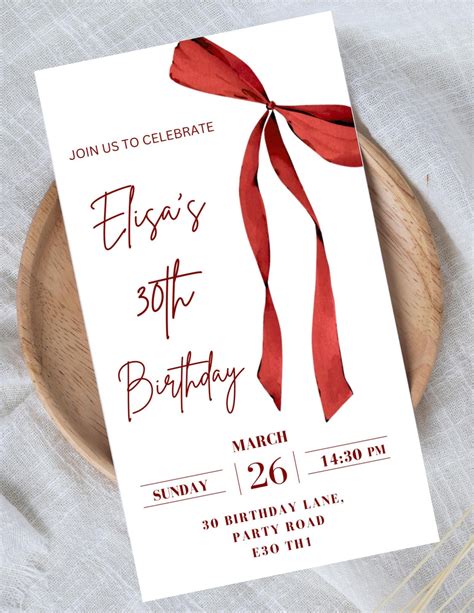 Red Bow Birthday Invitation: Customizable Party Invite (Digital ...