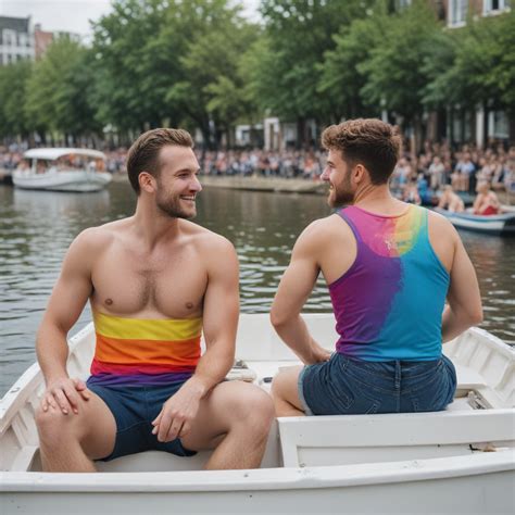 men on boat during pride utrecht with back to camera