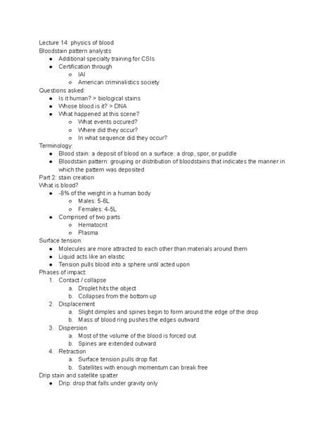 Lecture 14: Physics of Blood - Lecture 14: physics of blood Bloodstain pattern analysts ...