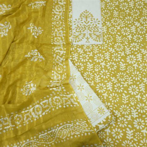 Nazara Shine Yellow Thread Work Batik Print with Kantha Work Cotton Su ...