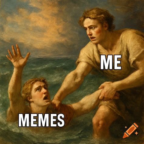 Classical painting style meme of one man reaching out to save another from drowning with text ...