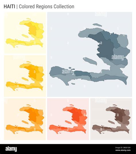 Haiti map collection. Country shape with colored regions. Blue, Grey, Yellow, Amber, Orange ...