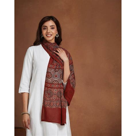 Buy Fabindia Red Cotton Hand Block Printed Stole Online