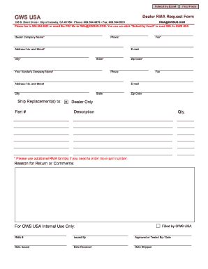 Fillable Online GWS USA Dealer RMA Request Form Fax Email Print - pdfFiller