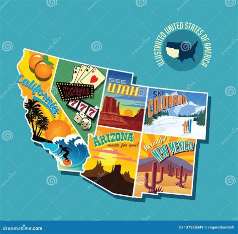 Illustrated Pictorial Map of Southwest United States. Stock Vector ...