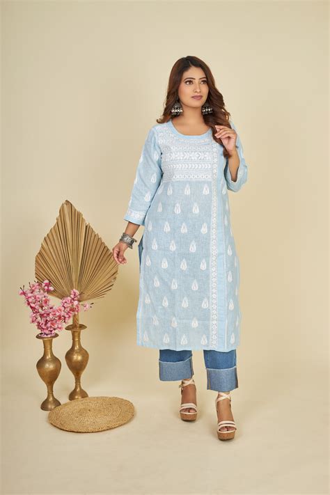 Cotton Chikankari Linen kurti- Blue – Paridhan Chikan Exclusive