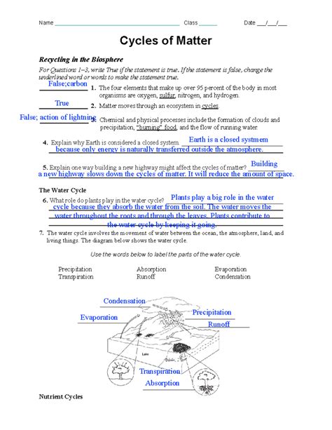 Cycles of Matter Worksheet - Name Class Date //___ Cycles of Matter ...