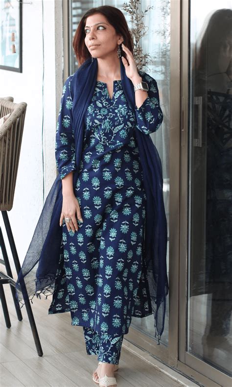 Cotton Deep Blue Sanganeri Print Suit with Kota Doria Dupatta – Baareeki