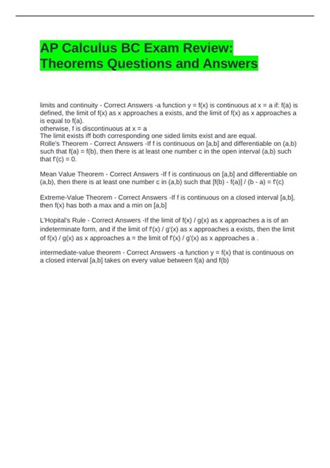 AP Calculus BC Exam Review Theorems Questions and Answers - AP Calculus ...