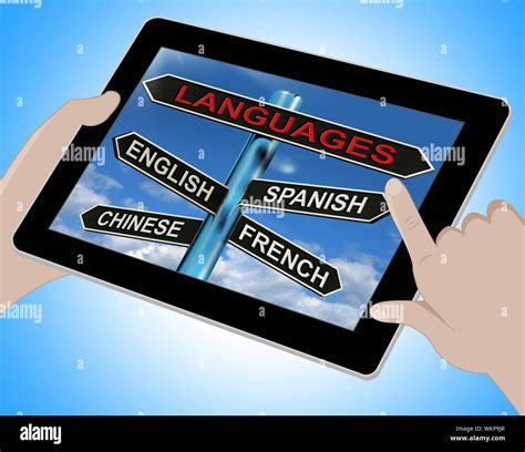 Languages Tablet Meaning English Chinese Spanish And French Stock Photo ...