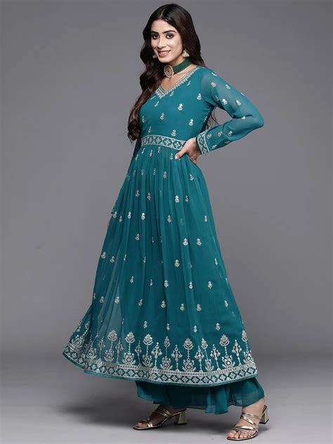Buy Turquoise Embroidered Georgette A-Line Kurta With Palazzos ...