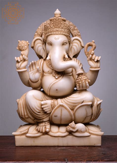 21" Lord Ganesha Seated on Lotus | Handmade | White Marble Ganesh ...