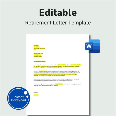 Editable Retirement Letter Template: Professional Word Doc (instant ...