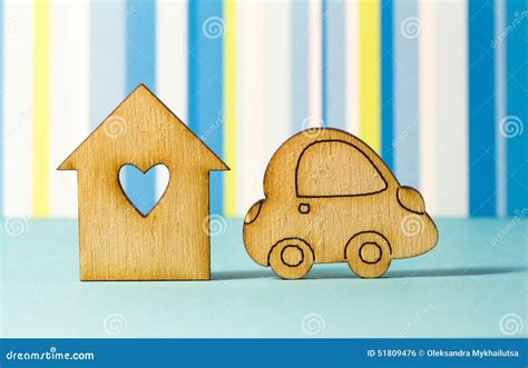 Wooden House with Hole in the Form of Heart with Car Icon on Blu Stock ...