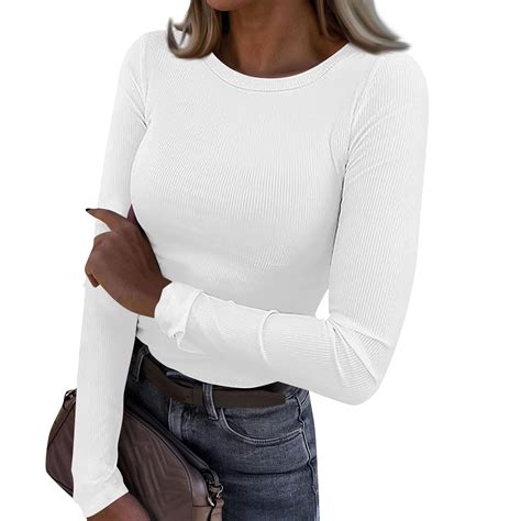 Women's Rib Knit Tops Stretch Crewneck Ribbed Womens Long Sleeve T ...