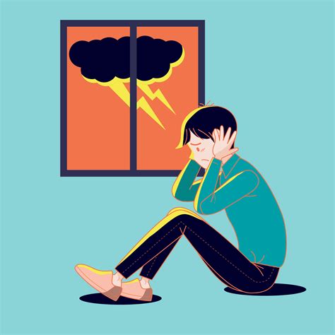 Big isolated young man suffering from the fear of thunderstorm. Cartoon illustration vector with ...