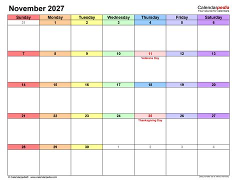 November 2027 Calendar | Templates for PDF, Excel and Word