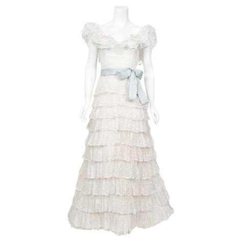 1978 Chanel Haute Couture White Eyelet Cotton Off-Shoulder Tiered Bridal Gown For Sale at 1stDibs