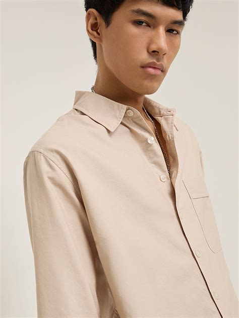 Buy Nuon Beige Solid Relaxed-Fit Cotton Shirt from Westside