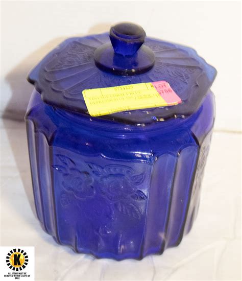 VINTAGE COBALT BLUE DEPRESSION GLASS COOKIE JAR