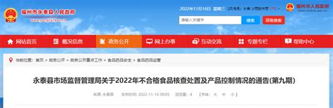 福州市永泰县市场监督管理局关于2022年不合格食品核查处置及产品控制情况的通告（第九期）-中国质量新闻网