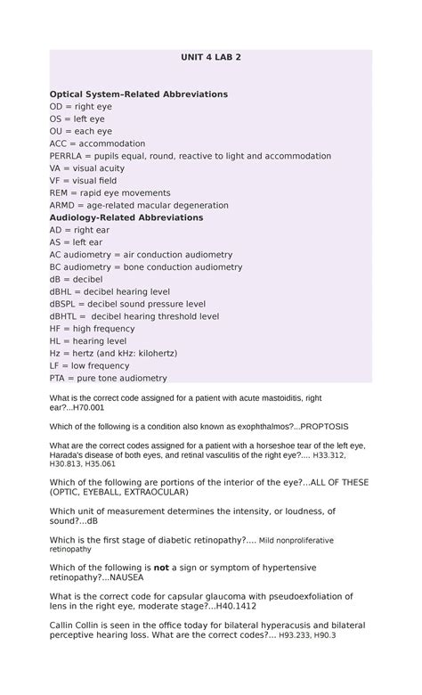 Unit4 - practice - UNIT 4 LAB 2 Optical System–Related Abbreviations OD ...