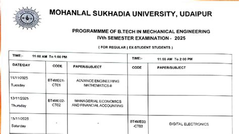 B.TECH IV SEMESTER EXAM SCHEDULE 2025 - MOHANLAL SUKHADIA UNIVERSITY ...