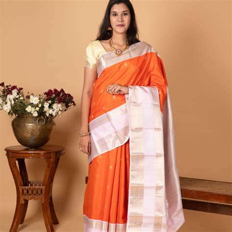 Bright Orange and Powder pink Retta Patta Border Pure Kanchi silk sare ...
