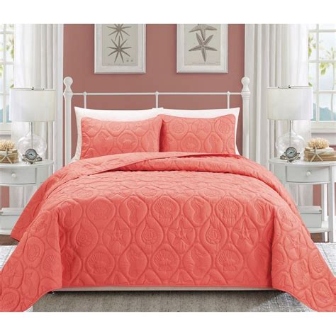 Queen Cal King Bed Peach Beach Coastal Seashells 3 pc Quilt Set ...