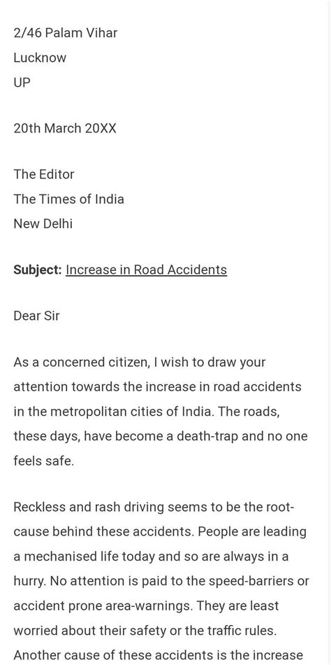 write a letter to an editor on road accident. - Brainly.in