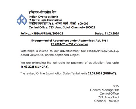 Indian Overseas Bank Apprentice Exam Date 2025 Out for 750 Vacancies