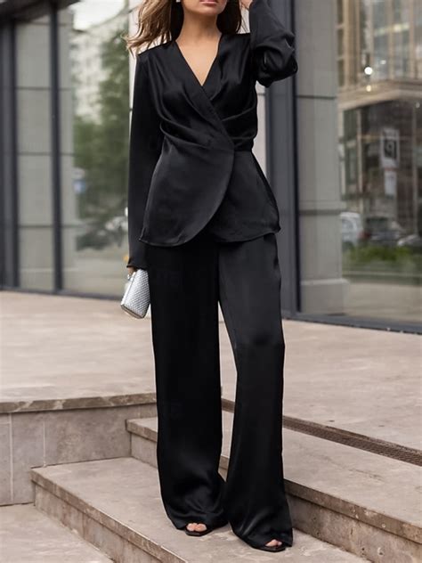 Women's Two Piece Sets Pants Sets Long Sleeve V Neck Plain Wrap Elegant ...