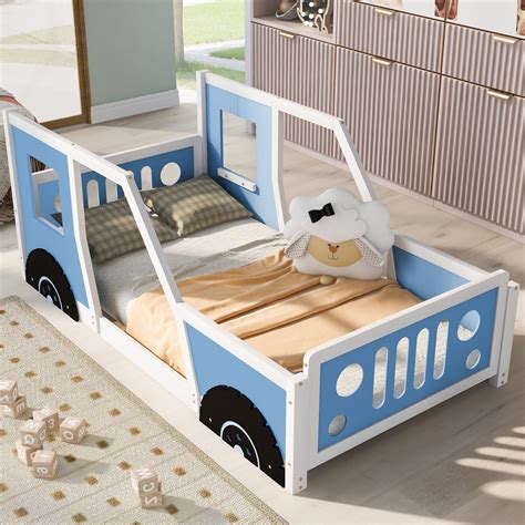 Churanty Twin Size Kids Car-Shaped Platform Bed with Wheels,Wood Car ...