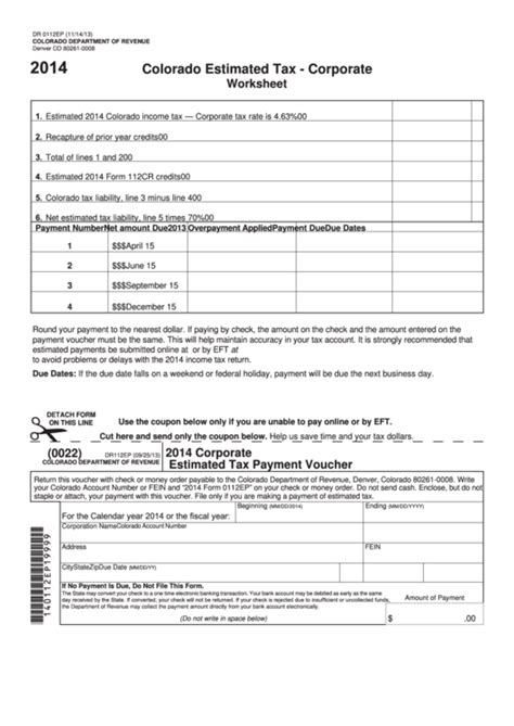 Fillable Form 0112ep - Colorado Estimated Tax - Corporate Worksheet ...